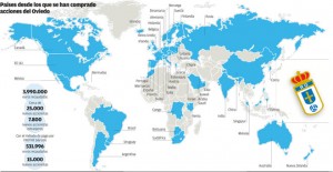 Mapa de La Nueva España que refleja los países en los que actualmente, y tras la ampliación de capital de 2012,  hay accionistas del Real Oviedo