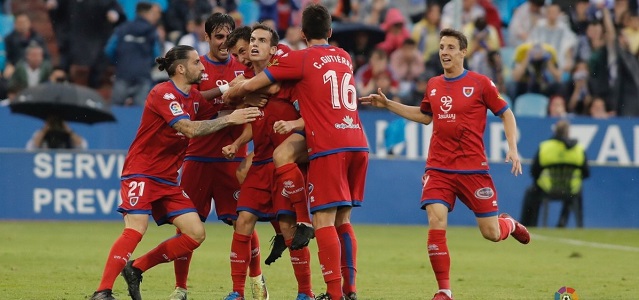 Los jugadores del Numancia celebran el segundo gol en La Romareda || Foto: LFP